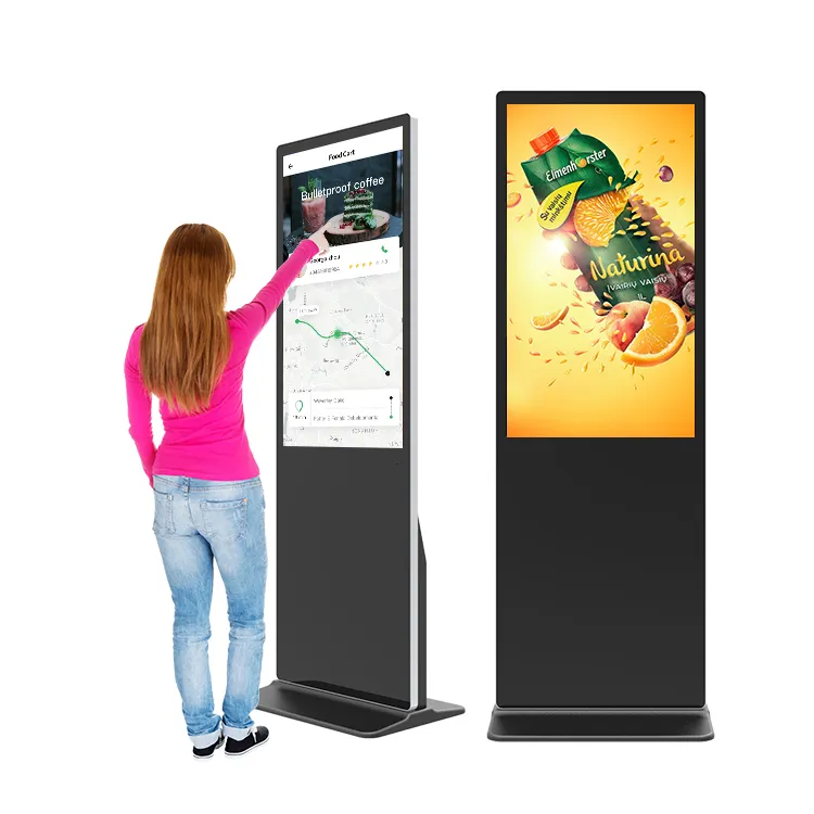 Reklam ekranı 32 43 49 65 dikey Ad oynatıcı zemin standı dijital tabela ve 4K 55 inç dokunmatik ekran görüntüler