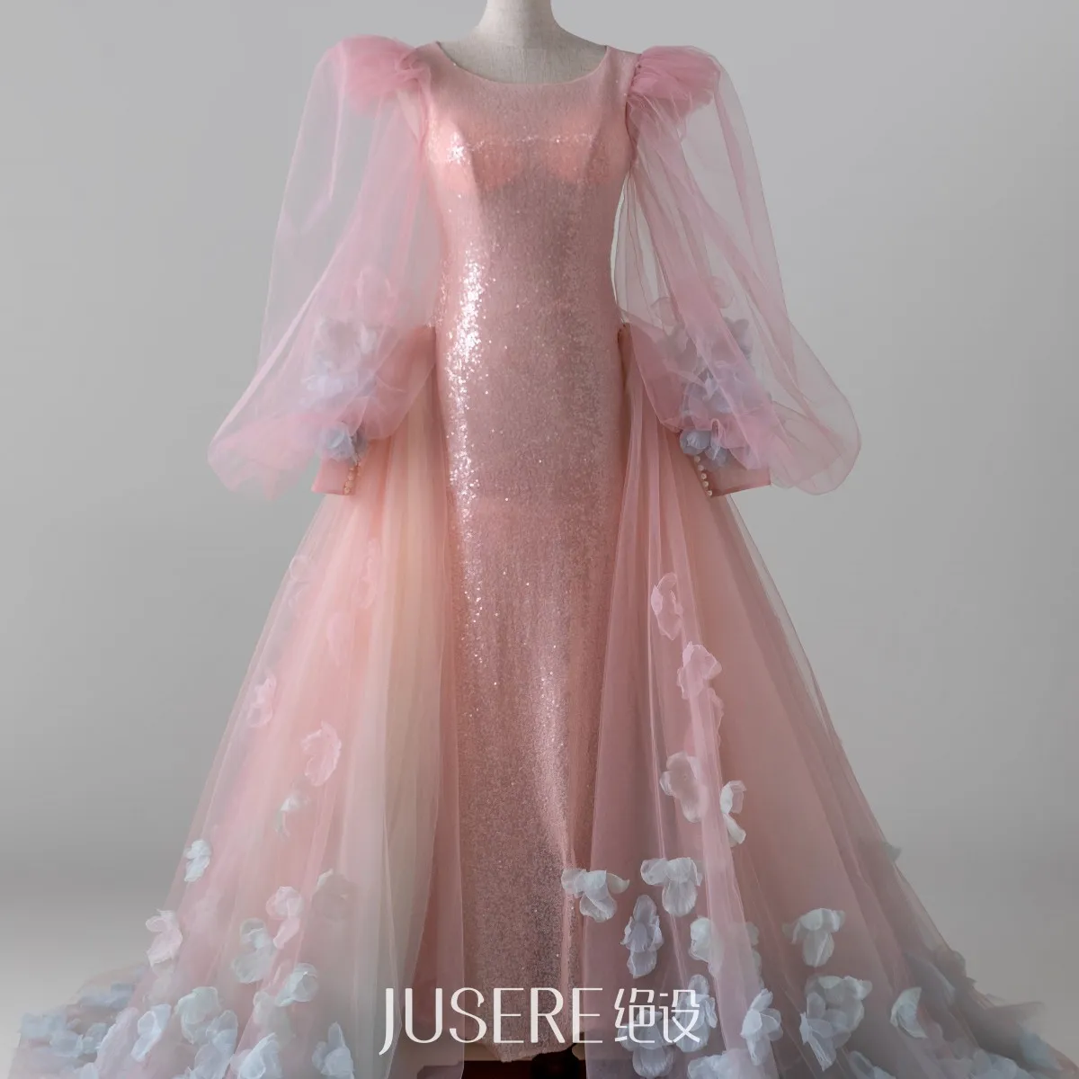Pink Scoop Neckline Lantern Sleeves Prom Dress Spaghetti Sequins Evening Gowns Modest Tulle 3D Flowers Dress For Women 2022