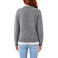 Cardigan gris en polyester pour femme, style Coquette française, col rond, nœud en dentelle, boutons perlés et ourlet festonné, OEM/ODM