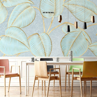 Papier peint mural personnalisé bleu clair avec feuilles dorées, murale botanique 3D moderne pour salon, chambre à coucher, mur d'arrière-plan TV