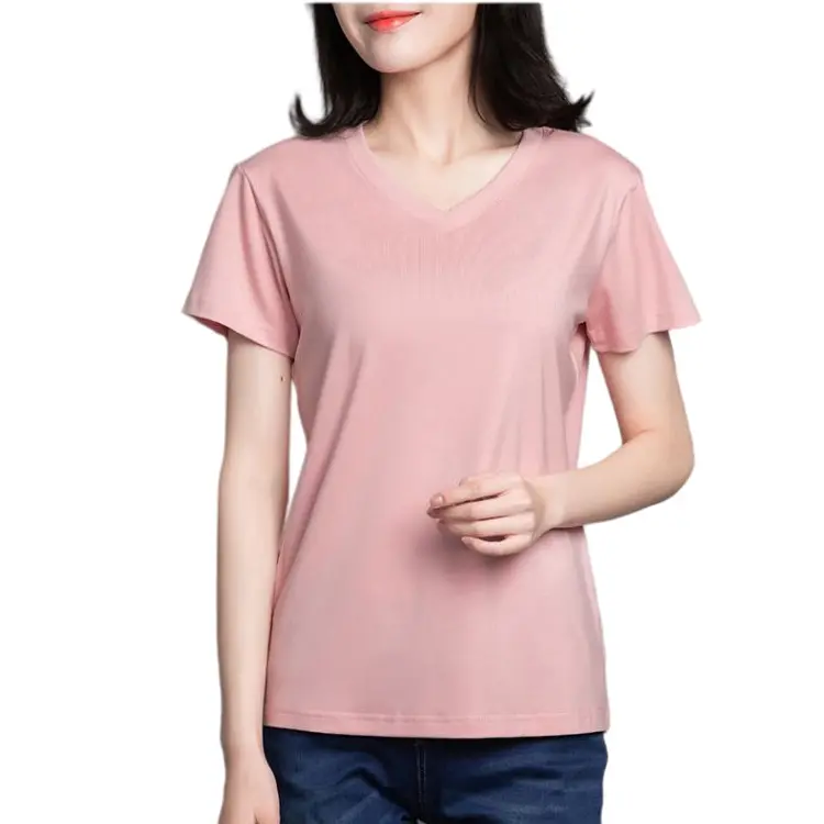 Wholesale Custom Modal Ice Silk V Neck Printed Blank T-shirts Plain Women Printing Short Sleeve T-shirt