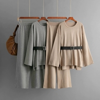Ensemble deux pièces pour femmes, haut en tricot ceinturé et pantalon large à taille haute, mode automne-hiver