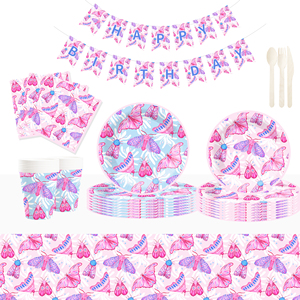 Juego de Vajilla para Fiesta de Cumpleaños Infantil DAMAI con Temática de Mariposas, Incluye 7 y 9 Platos de Papel, Vasos y Servilletas para 8 Personas - Product Image 1