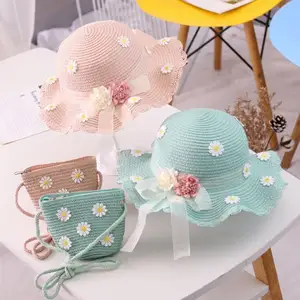 2 Stück Set Strohhut Handtasche Sommer Mädchen Kinder Neue Blume Visier Kappe Strohhut Panama Gorros Kid Baby Girl Sonnenhut