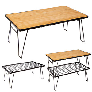Modern Bamboo Folding <b>Table</b> With Metal Legs And Mesh Shelf For Camping Outdoor Use - Product Image 1