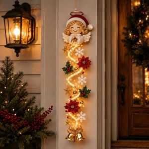 Home Holiday Decor Crochet Santa Reindeer Snowman <b>Angel</b> Design <b>Lighted</b> Garland Pendant Glowing Christmas Door Hanger - Product Image 3