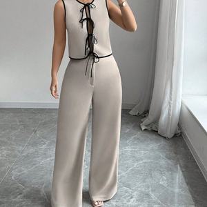 Conjunto de Verano Boho Chic para Mujer, Talla Europea/Americana, Top sin Mangas con Detalle de Lazo, Pantalones Anchos de Cintura Alta, Tejido - Product Image 1