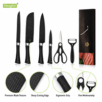 Ensemble de couteaux de cuisine 6 pièces en acier inoxydable noir martelé de qualité supérieure pour droitiers, avec ciseaux et éplucheur, pour la préparation alimentaire en gros