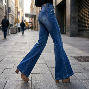 Jean tendance 2026 vintage indigo taille haute coupe skinny et jambe large, idéal pour les silhouettes en forme de poire, denim amincissant, été, chic urbain, rétro - Product Image 1
