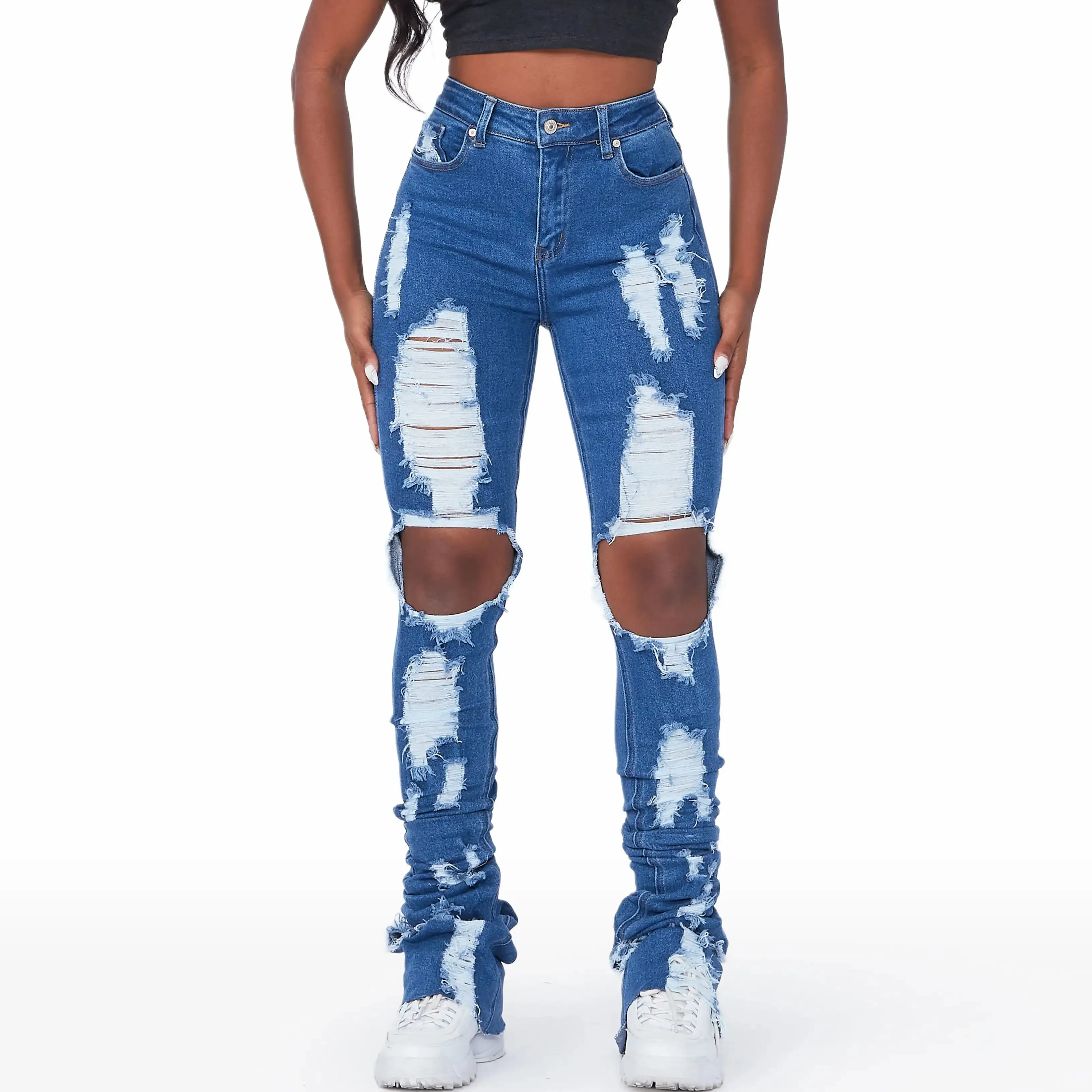 Hot Street Style Dark Wash Distressed gestapelte Flare Jeans mit Blue Butt Lifting benutzer definierte Stickerei Drucke ti ketten Frauen Jean