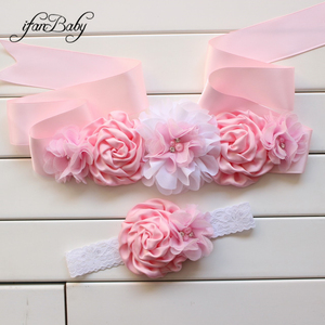 Cinturón de flores Vintage rosa/marfil con diadema para mujer, fajas de boda de plástico y PU a la moda para mujer, cinturón de faja para niña - Product Image 3