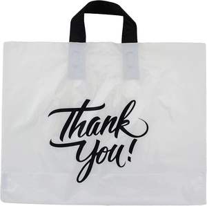 Sacs à provisions en plastique PE de taille personnalisée en gros avec poignées blanc et noir imprimé «merci» refermable - Product Image 1