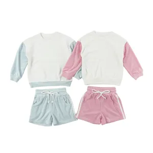 summer custom design patchwork children clothes long sleeve terry toweling pullover baby clothing sets
