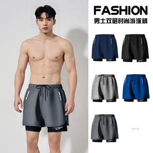 Men's Double Layer Swim Trunks Solid Color Mid Waist Knitted Plus Size Hot Spring Board Shorts - Product Image 3