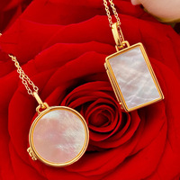 Kalung Liontin Persegi Panjang Bulat Berbahan Baja Anti Karat dengan Mutiara dan Cangkang Kerang, Bingkai Foto, Lapisan Emas, Perhiasan Wanita