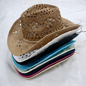 Chapeaux de cowboy en paille de papier tressés à la main, ajourés, pour l'été et la plage, vente en gros - Product Image 1