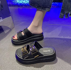 <span class=keywords><strong>Mules</strong></span> compensées épaisses <span class=keywords><strong>pour</strong></span> <span class=keywords><strong>femme</strong></span> 2026, couleur nude, avec double boucle métallique, sandales d'été <span class=keywords><strong>pour</strong></span> la plage - Product Image 4