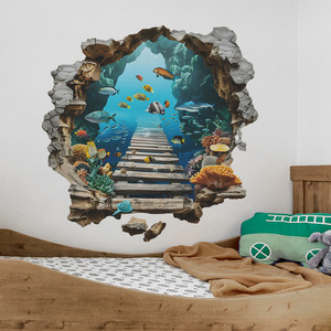 Autocollants muraux imperméables personnalisés en 3D avec un motif <span class=keywords><strong>de</strong></span> paysage sous-marin fissuré, <span class=keywords><strong>poissons</strong></span> océaniques, chambre à coucher, salon - Product Image 1