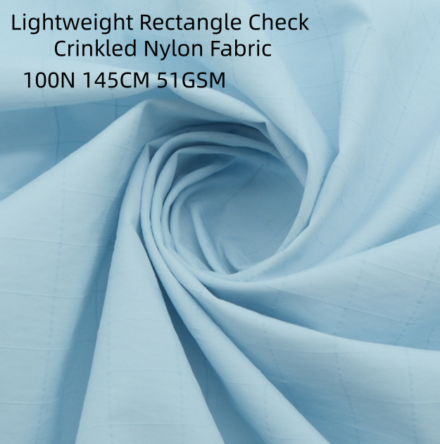 Lightweight Check Crinkled Nylon Fabric, Water Repellent & UPF50+ Sun Protection, Yarn-dyed for Outdoor Jackets