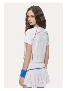 T-shirt de sport court pour femme 210g, style tendance, avec coutures contrastées, 72% Coton 28% Polyester, toucher frais, séchage rapide, pour yoga et activités de plein air - Product Image 6