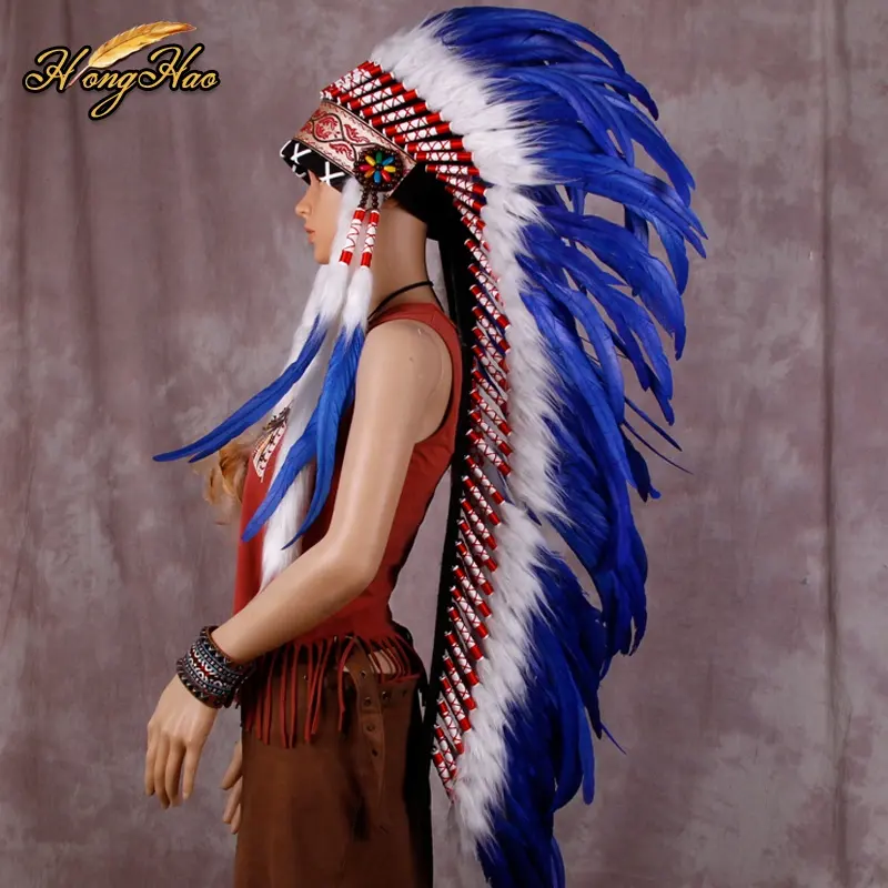 Cosplay Props Long Style Indian Chief Hat with Dyed Pattern Feathers Carnival Costume Party Headwear for Kids and Adults