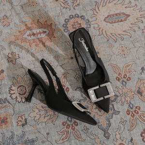 Zapatos de Tacón Alto Negros de Satén con Punta en Pico y Tira Trasera, con Hebilla de Diamantes de Imitación, para Mujer, para Todas las Temporadas - Product Image 2
