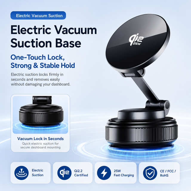 25W Qi2 Magnetic Wireless Car Charger Electric Vacuum Suction Phone Holder Anti-Shake Dashboard Windshield Mount Aluminum Stand