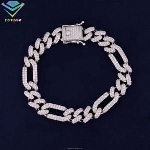 Nouveauté Bracelet de style Figaro de 10 mm 12 mm de largeur 2 rangées de diamants Moissanite VVS Chaîne de bracelet en argent 925 Maillons cubains Bijoux - Product Image 2
