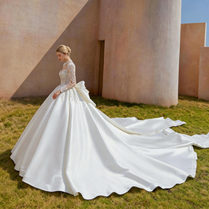 Nuovo Arrivo: Abito da <span class=keywords><strong>Sposa</strong></span> a Maniche Lunghe, Vestito Nuziale in Raso Linea A con Top in Pizzo e Tulle, Abito da <span class=keywords><strong>Sposa</strong></span> Semplice ed Elegante per Spose - Product Image 2