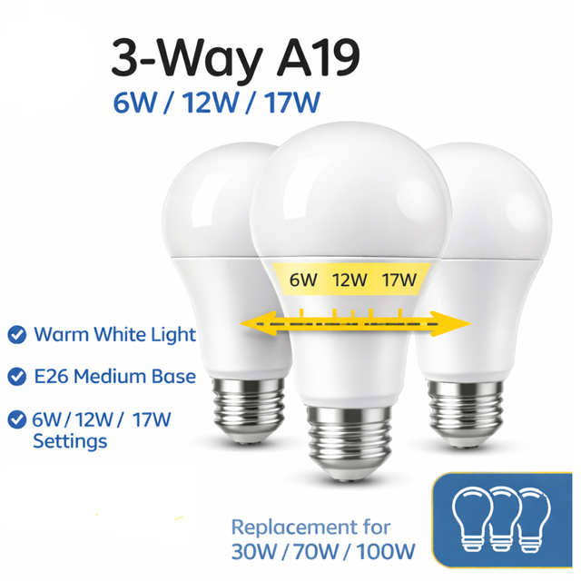 Custom Logo 6W-12W-17W 3 Way Bulb NDM E26 Base A19 LED Bulbs Energy Saving AC110-130V UL Approval for Residential Use