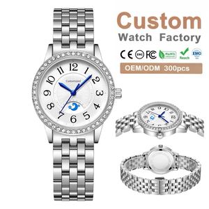 Montre à quartz personnalisée avec phases lunaires, cadran bleu, boîtier et bracelet en acier inoxydable 316L, ronde, luxe, 33 mm, lunette sertie de diamants, montre-bracelet pour femme - Product Image 1