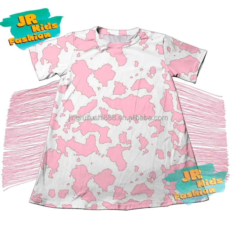 Custom Kids Girls Short Sleeve T-shirt Dress Pink Cow Print Baby Children Summer Knee Length Fringe Dresses