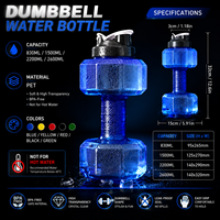 Bouteille d'eau en forme d'haltère 2200ml 2600ml en PET sans BPA pour la gym, le sport et le fitness, avec logo personnalisé créatif, grande capacité, à boire directement