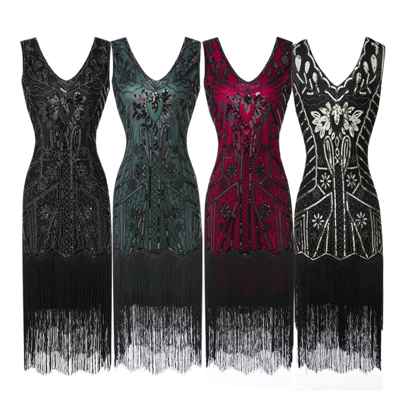 1920s Women's Flapper Dress Great Gatsby Dress Retro V-neck Sequin Fringe Party Midi Evening Dresses For Lady Vestidos de Fiesta