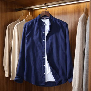 Camicie da <span class=keywords><strong>Uomo</strong></span> Personalizzate all'Ingrosso in <span class=keywords><strong>Misto</strong></span> <span class=keywords><strong>Lino</strong></span> e Cotone con Colletto alla Coreana e Manica Lunga, con Tasca Singola sul Petto, OEM ODM - Product Image 1