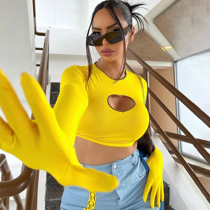 Y2K Fall vintage tops women 2022 fashionable hot girls streetwear tops shirt yellow sexy hollow out crop tops with finger glove