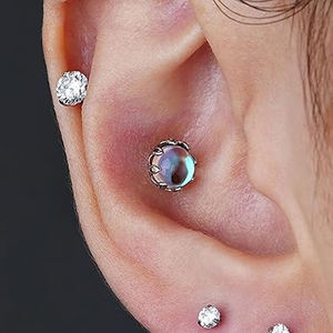 Piercing fin en titane Lotus avec pierre de lune pour cartilage, conque, hélix, tragus, labret plat - Product Image 6