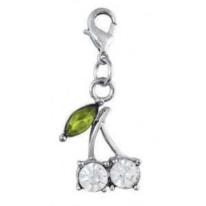 Abalorio de cereza de plata de ley con hoja verde y cristales transparentes para la fabricación de joyas - Product Image 1