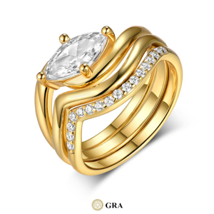 خواتم زفاف ثلاثية الطبقات بتصميم مينيمال ماركيز معتمدة من GRA مصنوعة من الفضة الإسترلينية عيار 925 مطلية بالذهب عيار 18 قيراط مجموعة خواتم مويسانيت - Product Image 1