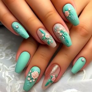 <span class=keywords><strong>Faux</strong></span> ongles carrés en acrylique 3D rose menthe, faits à la machine, couvrance totale, 24 pièces, finition mate, motif floral stéréo, <span class=keywords><strong>poudre</strong></span> scintillante - Product Image 1