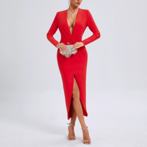 Abito da ballo Sexy aderente a manica lunga con scollo a V profondo aderente da donna - Product Image 1