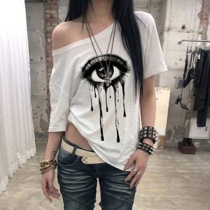 เสื้อยืดพิมพ์ลายขนตาโตสไตล์ซับคัลเจอร์ แขนสั้นเปิดไหล่ สตรีทแวร์ลำลอง Y2K สาวฮอต ทรงหลวม - Product Image 5
