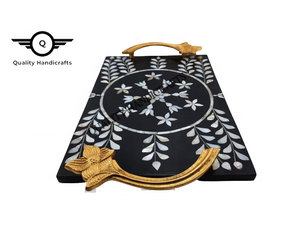 Nouvel arrivage Plateau de service Ramadan Eid Artisanat de qualité avec manche en bois acrylique métal Mother Pearl Mop Shell & Resin Inlay - Product Image 5