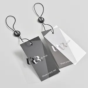 Cetak kustom Logo bening PVC hangtag garmen pakaian tag gantung, Set tag ayunan mewah String Pin desain kertas tag pakaian