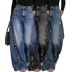 <span class=keywords><strong>Jean</strong></span> large <span class=keywords><strong>taille</strong></span> <span class=keywords><strong>haute</strong></span> pour <span class=keywords><strong>femme</strong></span> RNSHANGER en denim <span class=keywords><strong>bleu</strong></span> avec découpes à œillets dorés, coupe ample, style streetwear décontracté Y2K - Product Image 1