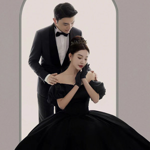 Off-Shoulder Satin Ball Gown Wedding Dress Black Natural Waist Vintage Style Hepburn Inspired Full Skirt Formal Evening Wear - Product Image 4