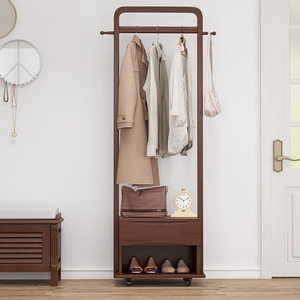 Nordic Style Solid Wood Coat Rack With Storage <b>Drawer</b> And Shoe Shelf For Living Room Or Bedroom Movable Clothes Organizer - Product Image 2