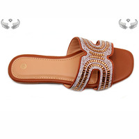 Sandales pour femmes à bout ouvert avec strass, tongs antidérapantes, pantoufles d'été tendance, chaussures plates pour femmes