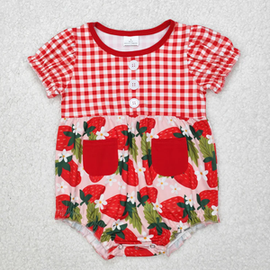 Ensemble de vêtements assortis pour sœurs, motif fraise à carreaux rouges, short et robe barboteuse bulle, vêtements d'été pour filles, vente en gros - Product Image 3