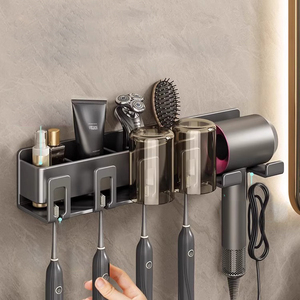 浴室用ガンメタルグレー壁取り付けツールオーガナイザーリビングルーム用金属コンボブラケット歯ブラシ用マウスウォッシュカップヘア - Product Image 1